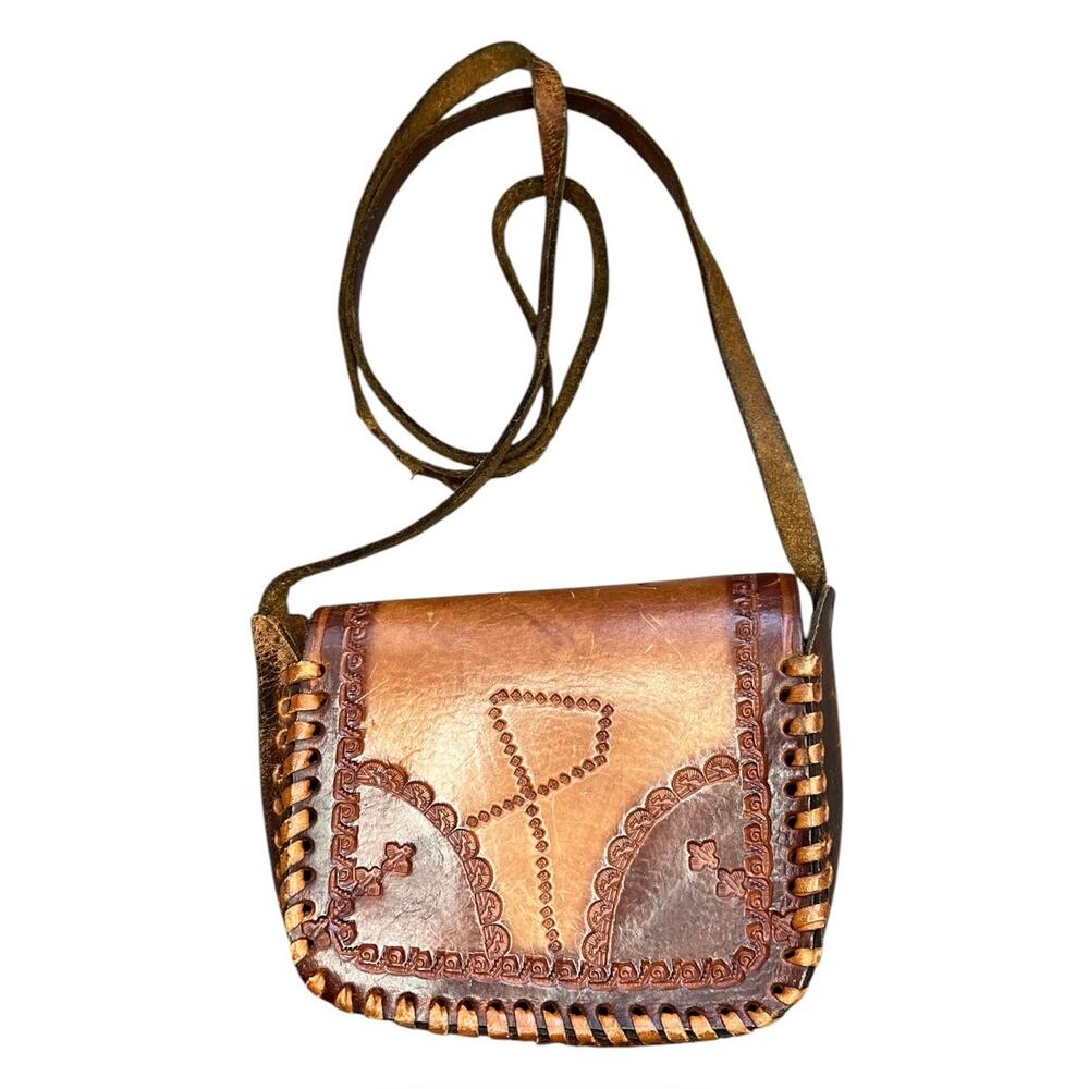 Vintage brown Tooled Leather Crossbody Bag boho retro western purse handcrafted - Picture 6 of 7